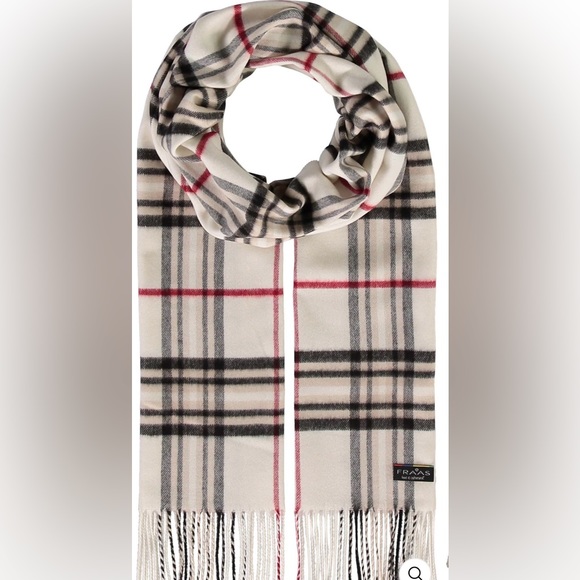 FRAAS CASHMINK Fringe Scarf Unisex Men & Women Plaid Cream Black Red Tan 11x59 - Picture 1 of 9